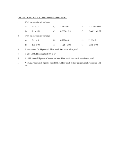 Decimals Multiplication and Division Homework