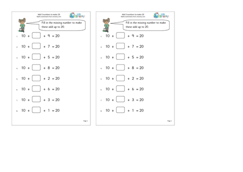 Pairs to 10 and 20 : mix of number sentence sheets and word problems.