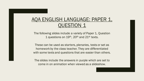 AQA GCSE English Language Paper 1, Question 1 (8700) - 10 Questions with Answers used as Starters
