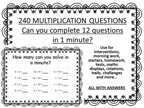 240 MULTIPLICATION QUESTIONS - minute challenge