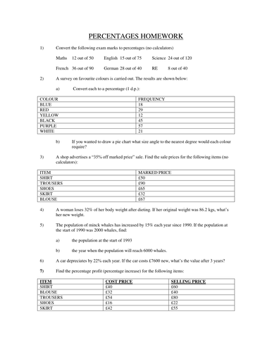 percentages homework tes