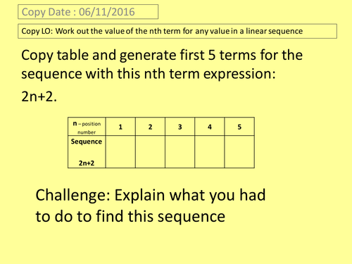 Working out the value of the nth term for any value in a linear sequence