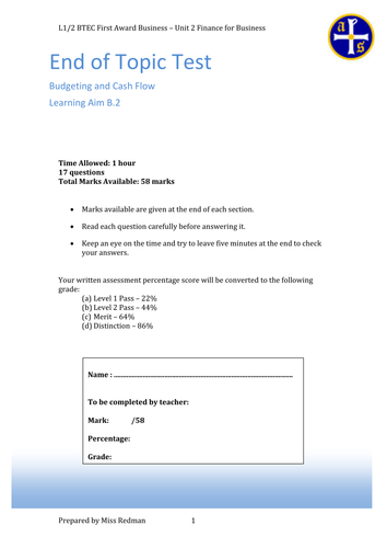 BTEC Business Unit 2 (Exam) - Assessment of Budgeting and Cash Flow