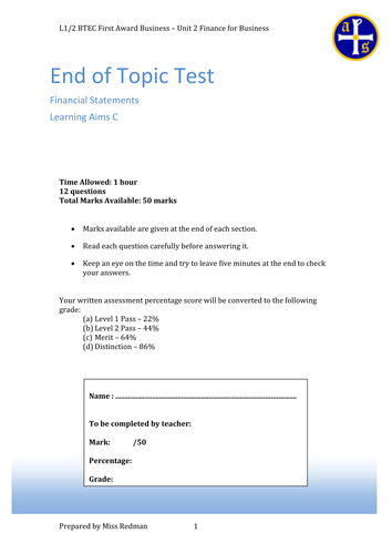 BTEC Business Unit 2 (Exam) - Assessment of Profit and Loss Accounts and Balance Sheets