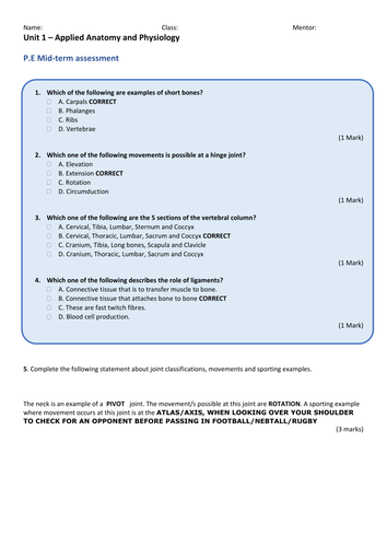 Edexcel GCSE Physical Education Unit 1 Applied Anatomy and Physiology Mid Term assessment