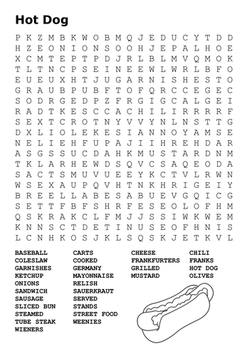 Hot Dog Fast Food Word Search
