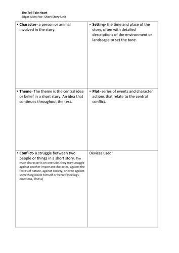 'Tell Tale Heart'- Conventions of Short Stories Activity