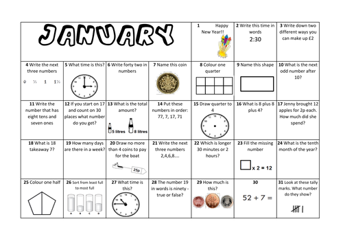 Question a Day Calendar (Maths) - January KS1