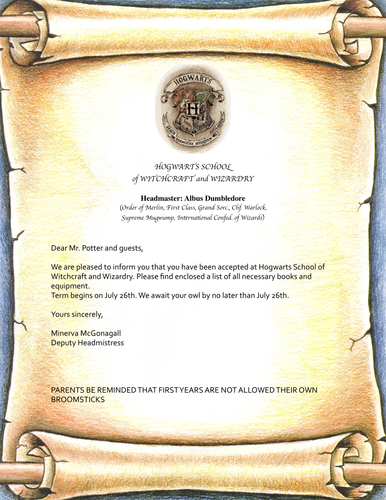 Harry Potter Acceptance Letter to Hogwarts