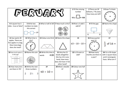 Question a Day Calendar (Maths) - February KS1
