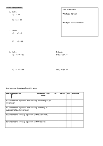 Algebra Basic Summary Worksheet