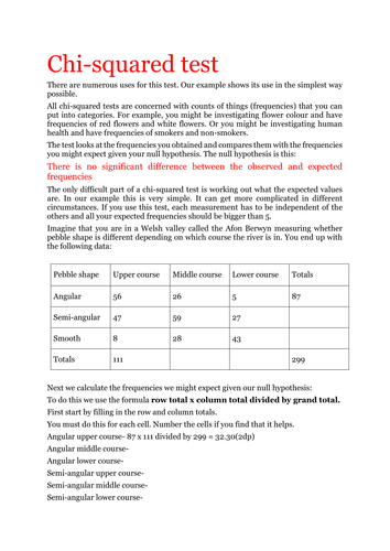 Chi squared worksheet- A level geography- Rivers