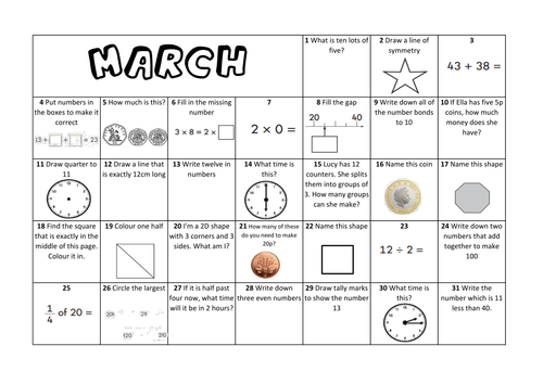 Question a Day Calendar (Maths) - March KS1