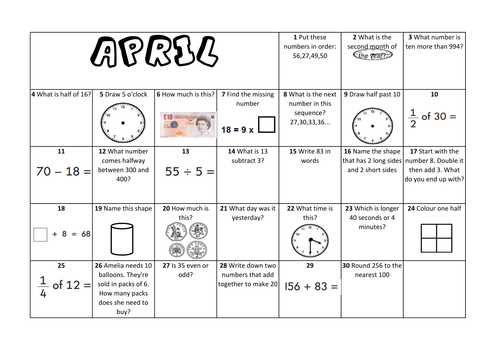 Question a Day Calendar (Maths) - April KS1
