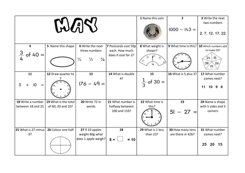 Question a Day Calendar (Maths) - May KS1