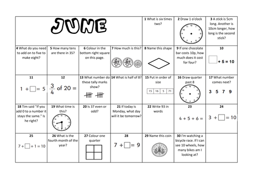 Question a Day Calendar (Maths) - June KS1