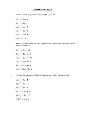 National 5 / Higher Mathematics Completing the Square Notes and Homework