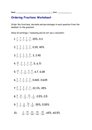 Ordering fractions, decimals and %s homework