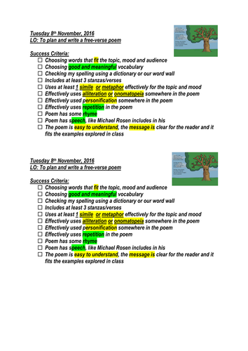 Free Verse Poem Success Criteria