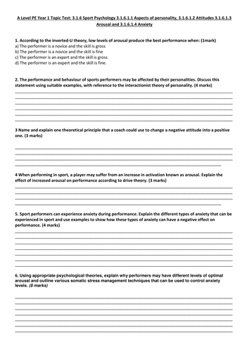 AQA A Level (2016) Year 1: Sport Psychology (Personality, Attitude, Arousal & Anxiety)