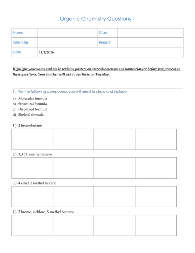 Nomenclature and Isomerism Questions 8 pages A2