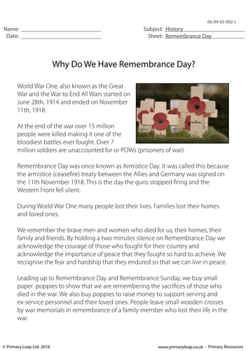 Reading Comprehension -  Why Do We Have Remembrance Day?