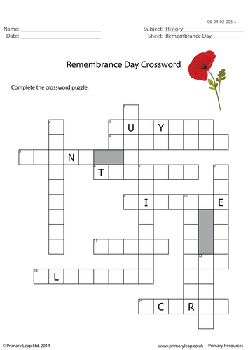 Crossword Remembrance Day Teaching Resources