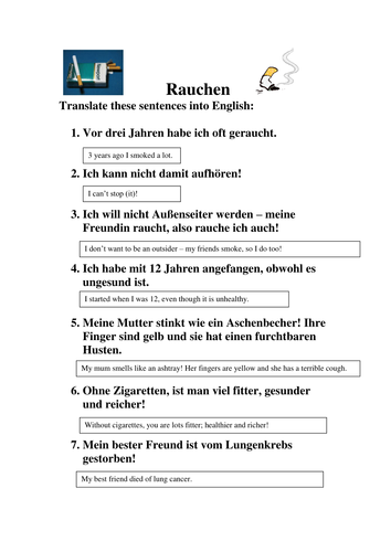 Smoking and Alcohol - translation exercise and word search and accompanying wordlist