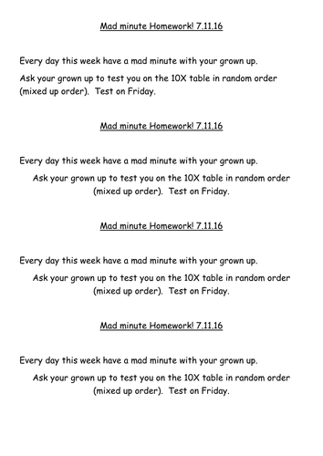 NEW! Year 2 Times tables homework