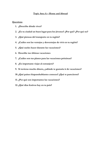 GCSE list of topic questions for oral/ speaking exam: conversation