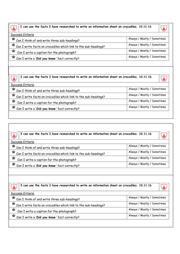 Learning Objective and Success Criteria for the Information sheet on crocodiles Year 3