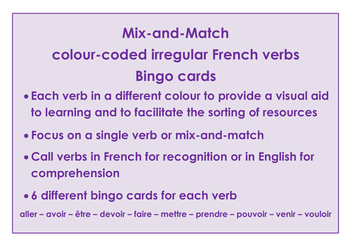 Mix-and-Match Irregular French verb Bingo cards