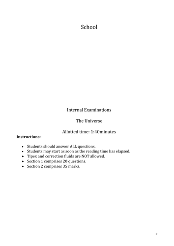 Physics- Space and The Universe test (editable)