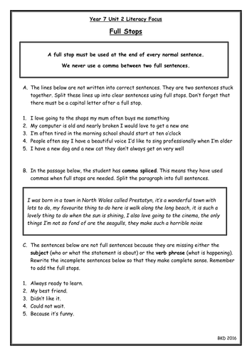 Full Stops Worksheet - When to use, Add them in, Comma Splicing