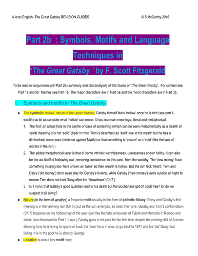 A Level English: Symbols, Motifs and Language Techniques in  ‘The Great Gatsby ’.