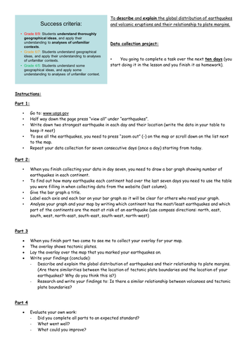 AQA new 1-9 GCSE specification homework project tectonic hazards