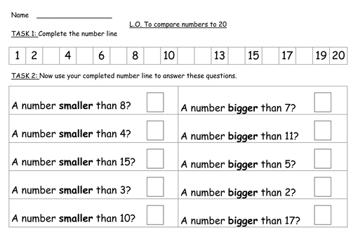 Worksheet: Comparing Numbers to 20 and 30