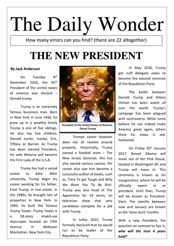 Trump informative newspaper article and activity  - pupils spot the errors