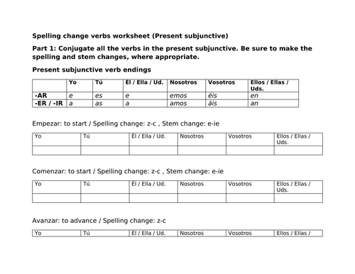 Present subjunctive spelling change verbs worksheet