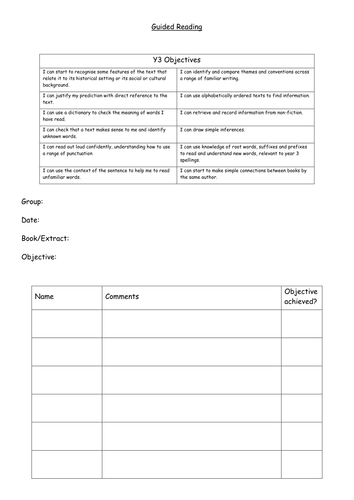 Y3 Guided Reading recording sheet with Y3 objectives