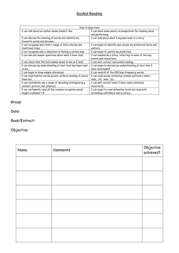 Y2 guided reading recording sheet with objectives