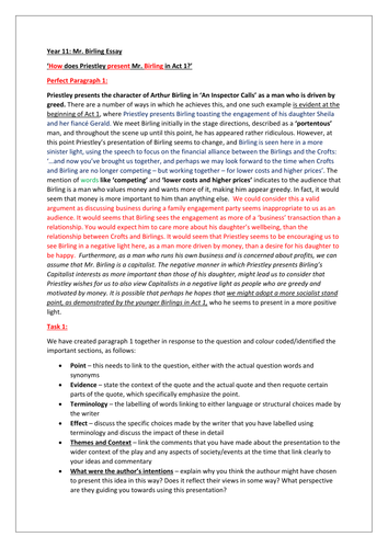 An Inspector Calls  - Mr. Birling Essay Question Writing Lesson