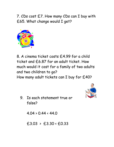 Word Problems Involving Decimals  Year 5 and 6