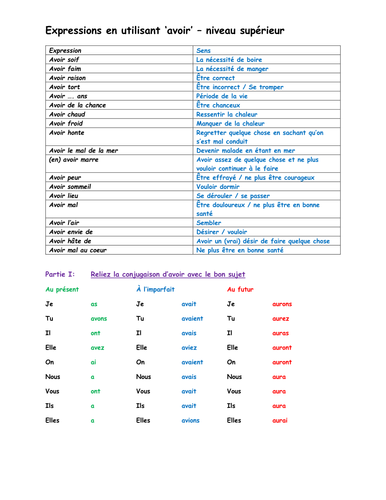 French: Expressions with avoir (higher level) | Teaching Resources