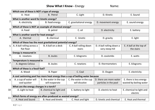 Multiple Choice Assessment - KS3 Energy