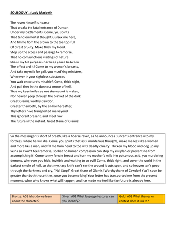 Macbeth: 3 soliloquies. A differentiated activity with modern translation (A01, A02, A03)