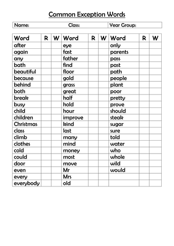 Year 2 Common Exception Words (in alphabetical order)