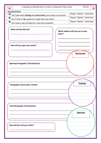 Differentiated Worksheets on PLANNING an informal letter - Year 3