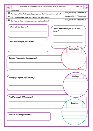 Letter Planning Template Year 1