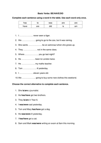 Basic Verbs: Be, Have & Do in Present and Past Tense - Worksheet